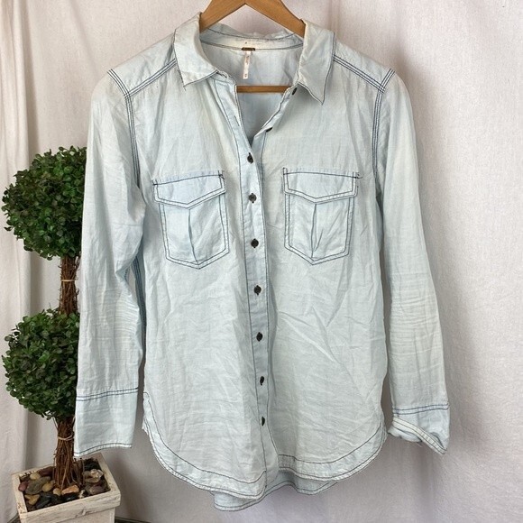 Free People Blue Long sleeve Cotton Button front Top XS - Picture 2 of 8